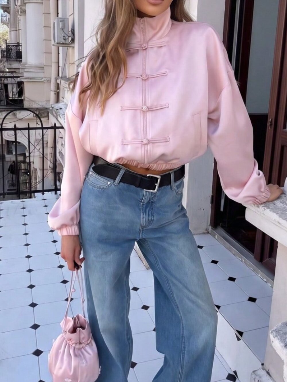 Pink Casual Women's Elegant Frog Button Loose Jacket